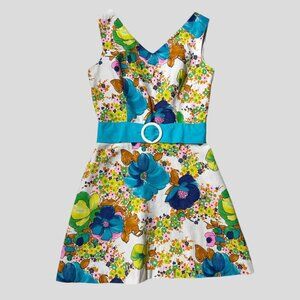 70s vintage mod minidress sleeveless floral hippie whimsy pattern print belt.